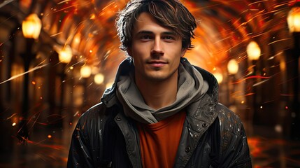 Illustration of young handsome man posing and looking at camera over background. Man face portrait illustration. Generative AI