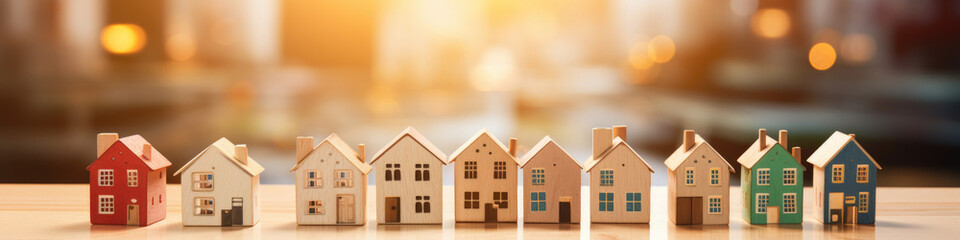 Housing crisis, toy wooden block houses in a row on the kitchen worktop, - obrazy, fototapety, plakaty
