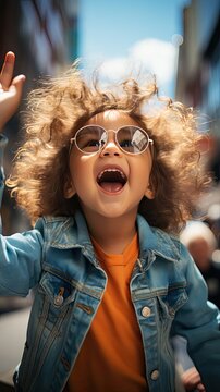 Funny kid girl playing outdoor surprised emotional child in sunglasses 3 years old baby raised hands family vacations. People portrait illustration. Generative AI