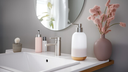 minimalist mockup of rough glass liquid soap dispensers in interior with dusty rose shades