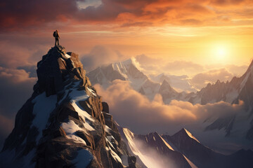 Mountain climber surrounded by epic panoramic, snowcapped peaks - obrazy, fototapety, plakaty