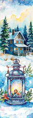 Christmas winter house with a beautiful lantern or oil lamp on the snow. Watercolor drawing.