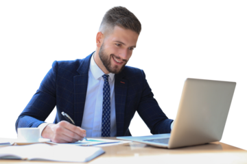 Portrait of young man sitting at his desk on a transparent background