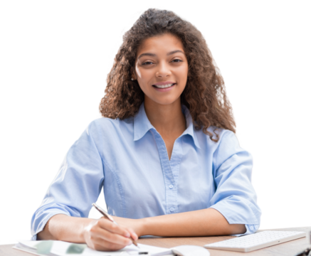 Beautiful business woman is examining documents while sitting on a transparent background