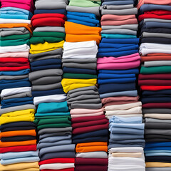 Colored multi-colored T-shirts lie in a stack. - obrazy, fototapety, plakaty