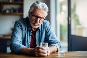 Men feel stressed and depressed. Holding a glass of water to take anti-stress medication.