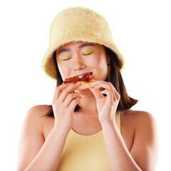 Asian woman, eating pizza or fashion with happiness, retro or aesthetic isolated on a transparent...