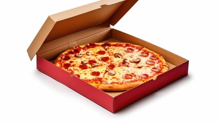 a pizza in a red box on a white table with its lid open