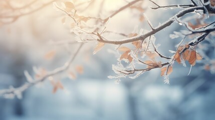 An AI illustration of branches in winter with a snowy background photo by anna klebiezk - obrazy, fototapety, plakaty