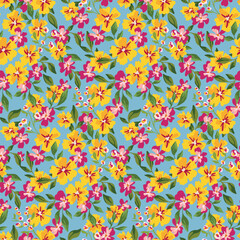 Seamless floral pattern, liberty ditsy print of cute colorful garden. Botanical design with vintage motif: simple small plants, tiny hand drawn flowers, leaves on blue background. Vector illustration.