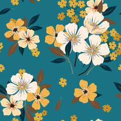 Seamless floral pattern, vintage ditsy print, natural ornament with folk, rustic motif. Botanical design with hand drawn wild plants, small yellow flowers, leaves, bouquet on blue. Vector illustration