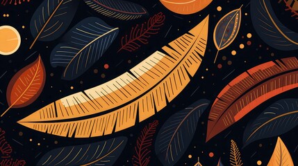 An AI illustration of many colorful leaves and sun are on a dark background background - obrazy, fototapety, plakaty
