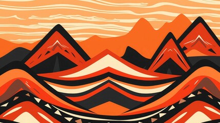 An AI illustration of the stylized landscape has mountains and orange clouds in it on a light backgr