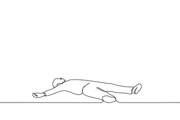 full-length man lies on his back with his limbs outstretched - one line art vector. concept of lying on the floor, unconscious, tired and exhausted