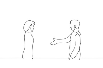 man and a woman stand opposite each other. the man extends his hand to her - one line art vector. concept reconcile first, go to a truce, agreement, acquaintance
