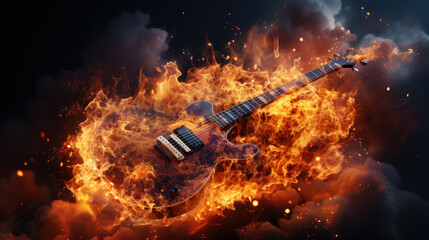 Electric guitar engulfed in flames - obrazy, fototapety, plakaty