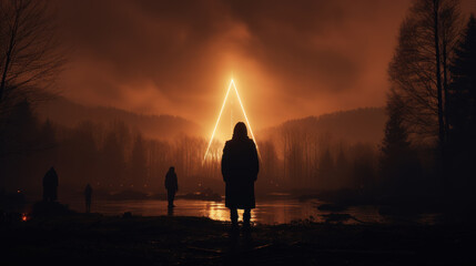 Silhouetted figures by a riverbank with a glowing triangular light in the misty backdrop - obrazy, fototapety, plakaty