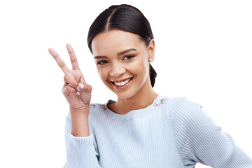 Face portrait, happy and woman with peace sign, emoji icon or v hands for fun, happiness and posing. Gen z smile, gesture and relax person with greeting symbol isolated on transparent, png background