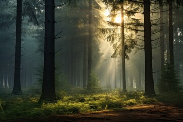 Misty forest in early morning. A serene forest scene with soft mist on a quiet morning