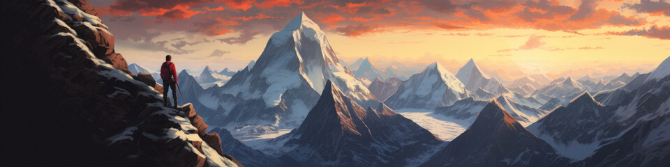 Mountain climber surrounded by epic panoramic, snowcapped peaks - obrazy, fototapety, plakaty