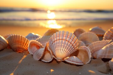 Fototapeta na wymiar Glistening Seashells in the Sand. Sunlit seashells glistening on a sandy beach.