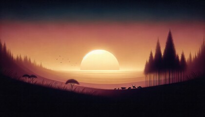 First sunrise in the Garden of Eden. Illustration of a beautiful sunrise over the sea with silhouettes of trees.