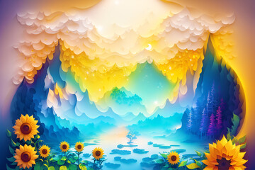 A Summer concept. A Captivating Papercut sunflowers. Sunflower Symphony. Papercut illustration. Generative AI - obrazy, fototapety, plakaty