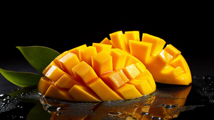 close-up of a slashed juicy mango against a black background