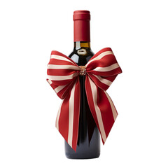 Decorated wine bottle with red ribbon tie on it isolated on transparent background.