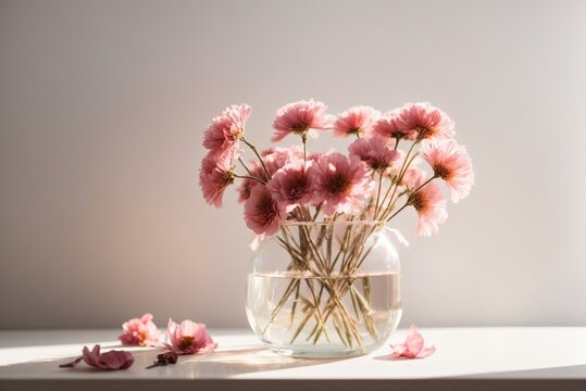 Pink flowers in a vase on a white table with a light background