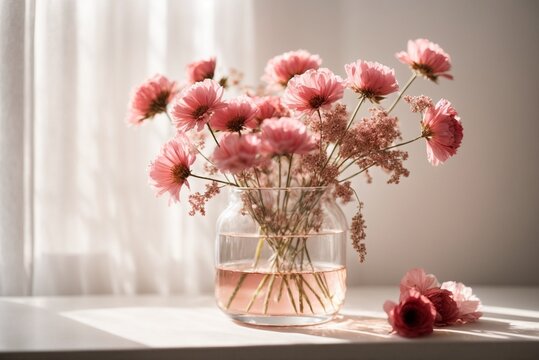 Pink flowers in a vase on a white table with a light background