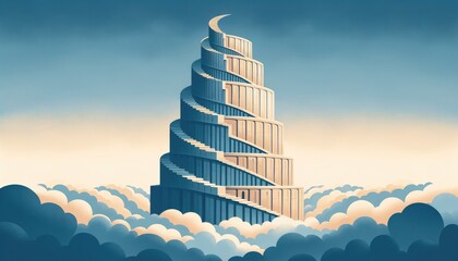 Tower of Babel reaching the clouds. Digital illustration. - obrazy, fototapety, plakaty
