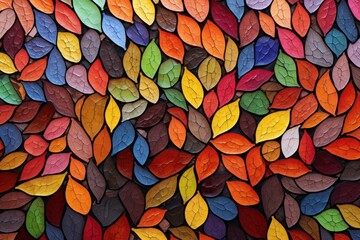 Colorful Autumn Mosaic. Vibrant mosaic of autumn leaves in a variety of hues. - obrazy, fototapety, plakaty