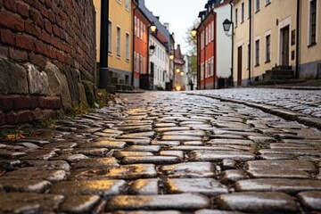 Cobbled Stone Street. An ancient cobbled stone street with a textured surface. - obrazy, fototapety, plakaty
