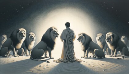 Daniel in the lion's den. Digital illustration. - obrazy, fototapety, plakaty