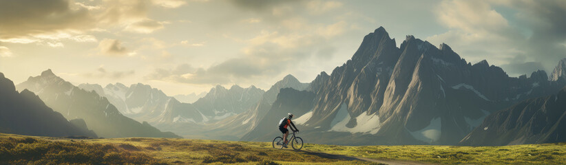 Panoramic banner of mountain biker, travelling through epic mountainous landscape. - obrazy, fototapety, plakaty