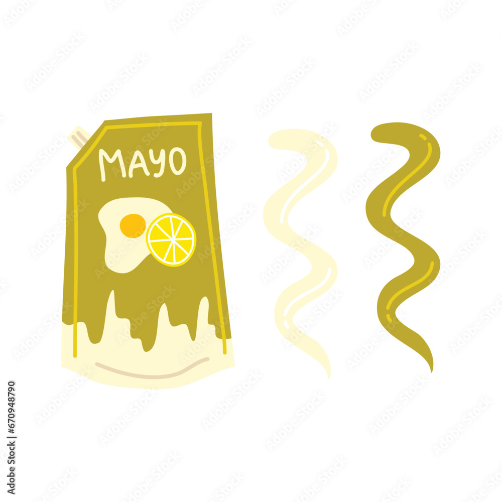 Poster Cartoon Color Mayonnaise Sauce Doypack Packing with Smears Concept Flat Design Style. Vector illustration of Mayo Sauce