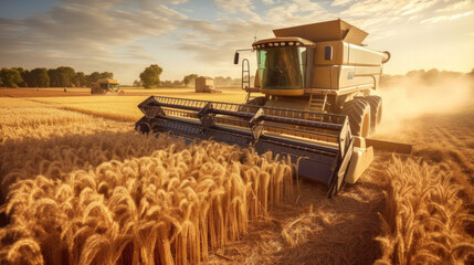A big combine harvester harvesting wheat from a farmer's fields.