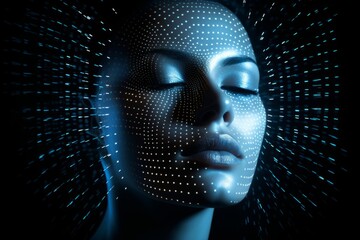 Female face with dots and lines, hologram, close-up. The concept of artificial intelligence AI with a human face. Human Robot