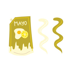 Cartoon Color Mayonnaise Sauce Doypack Packing with Smears Concept Flat Design Style. Vector illustration of Mayo Sauce