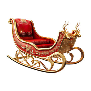 Christmas Santa sleigh - red and golden sledge isolated on transparent background.