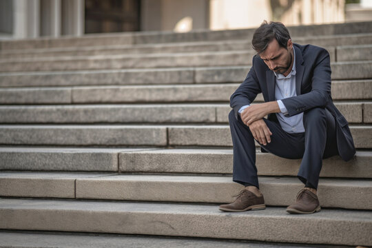 a Business man in depression sitting on ground street concrete stairs suffering from overwork and stress. Concept of unemployed people.
