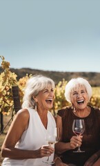 Beautiful senior women at natural  wine tasting at winery in countryside. Active life of elderly people. Elegant aging concept vertical shot.