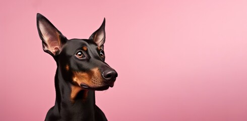 black doberman pinscher dog on pink background banner copy space right. Pet products store, vet clinic, grooming salon poster banner.