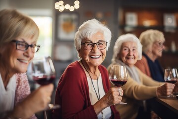 senior woman at wine tasting event at winery. Active life of elderly people. Elegant aging concept. - obrazy, fototapety, plakaty