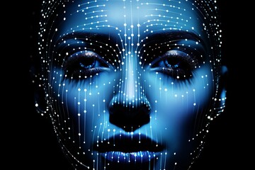 Female face with dots and lines, hologram, close-up. The concept of artificial intelligence AI with...