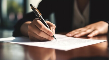 Close up hand of Businesswoman signing contract.