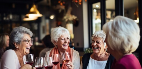 four senior women at wine tasting at winery. Active life of elderly people. Elegant aging concept.