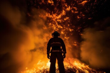 Fototapeta premium Silhouette of fireman from behind with fire as background. First responders at wildfire in action.