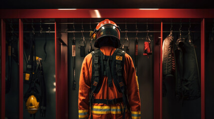 Fototapeta premium Firefighters gear hangs on hooks, Safety suit for firefighters.